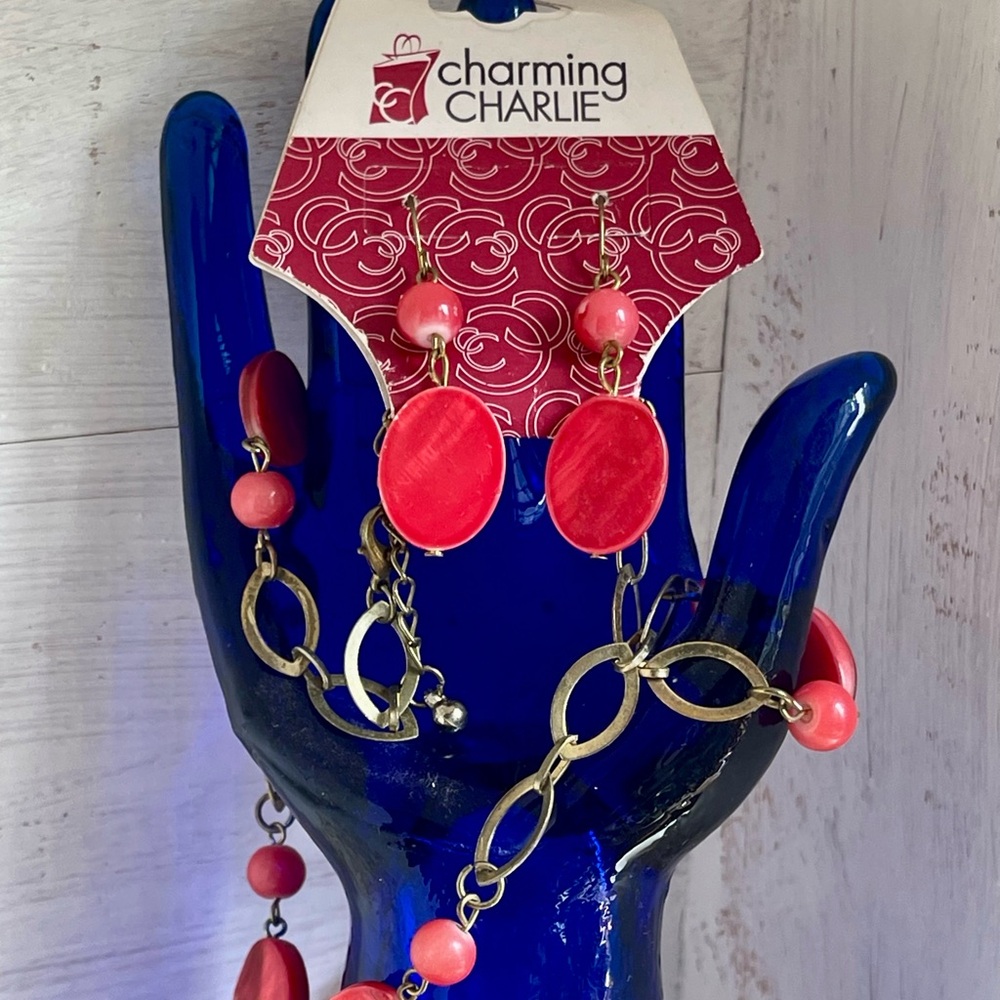 Charming Charlie Red/Pink Coral Bead Necklace and Earring Set